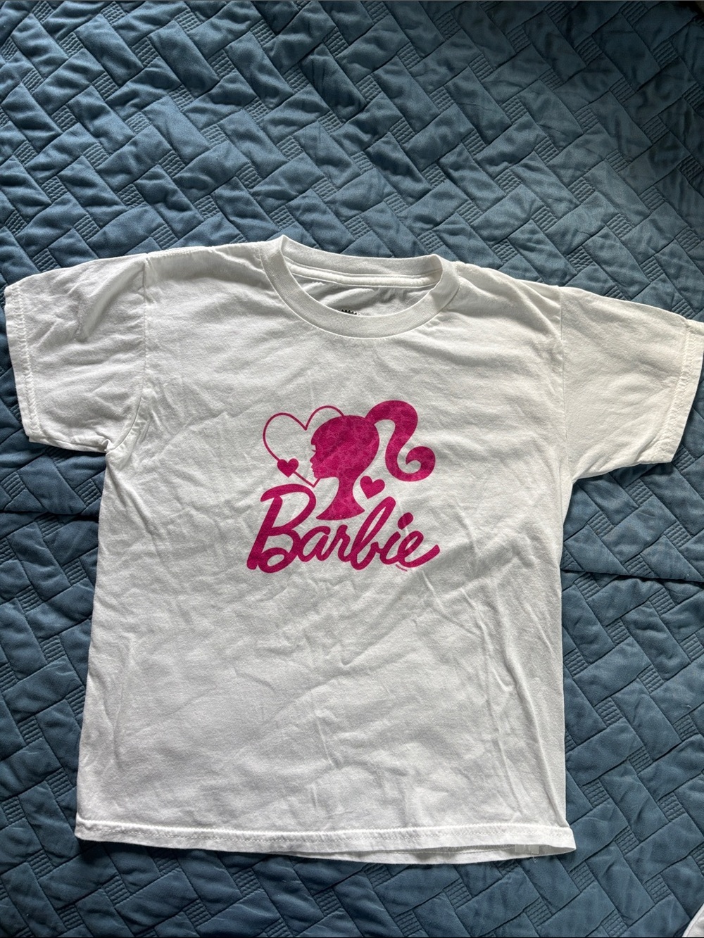 Barbie White Tee with Hot Pink Logo Silhouette
